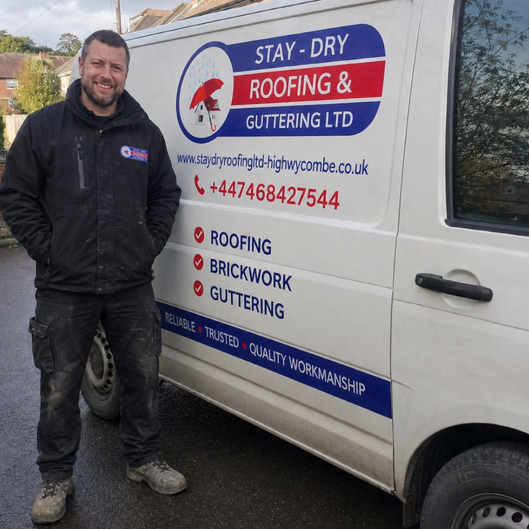 Mark Loveridge, owner of Stay Dry Roofing & Guttering Ltd, standing beside the company van in Oxfordshire